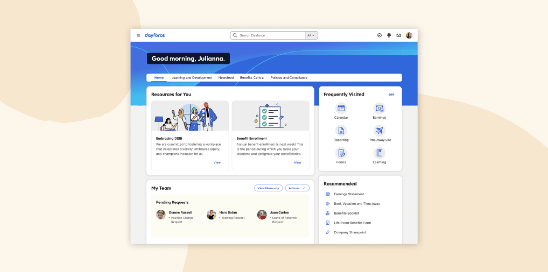 dashboard interface, HR resources and team requests overview