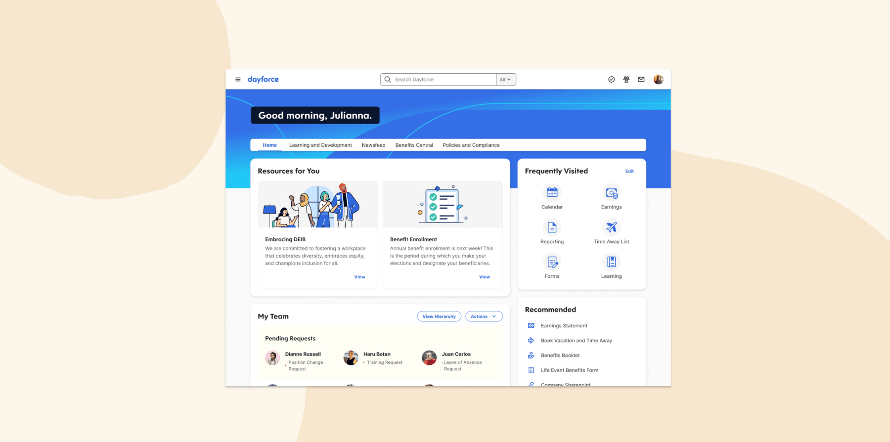 dashboard interface, employee resources and benefits section