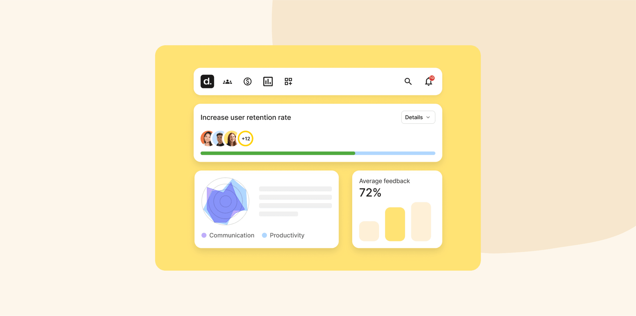 dashboard interface, user retention metrics and feedback analysis display