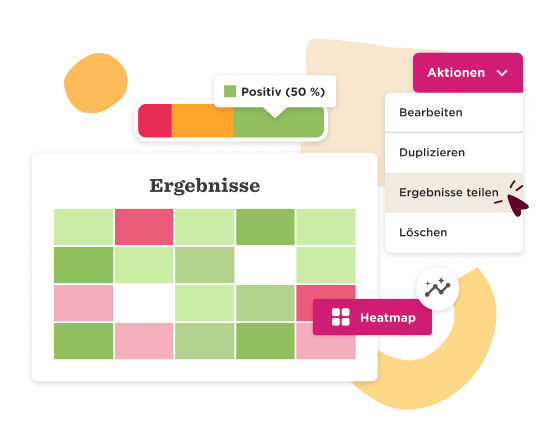 Ergebnisse table with green and red cells, action menu for sharing, and visual heatmap indicator. Insights representation. Ergebnisse, Heatmap