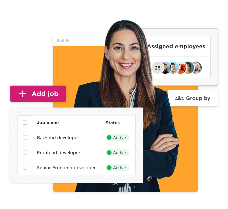 job management interface, professional woman smiling with active job status for developers