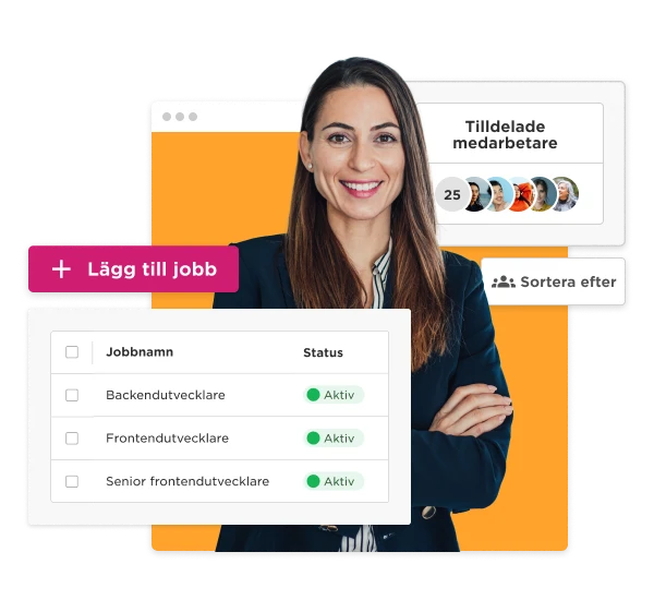job recruitment interface, professional woman smiling with job listings and status updates on a vibrant orange background