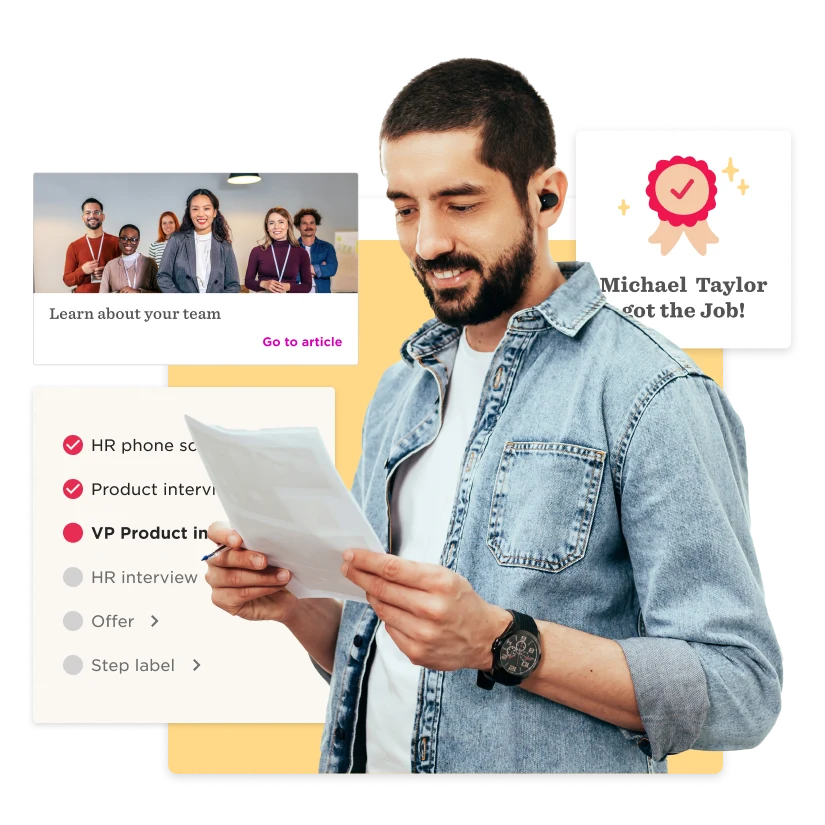 man reading document with HR team highlights and achievement badge, HR process overview with team photo and job success message
