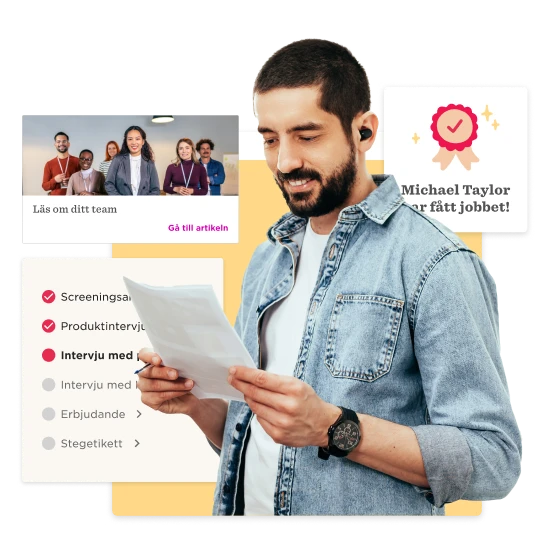 man reading a job offer letter with earbuds, celebrating success in getting the job with team background and checklist elements