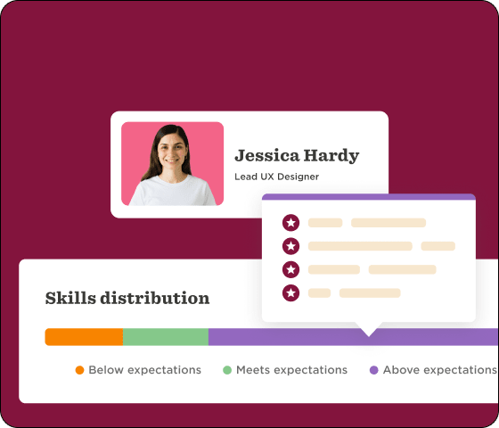 Jessica Hardy, Lead UX Designer, showcases skills distribution with color-coded ratings: below, meets, and above expectations.