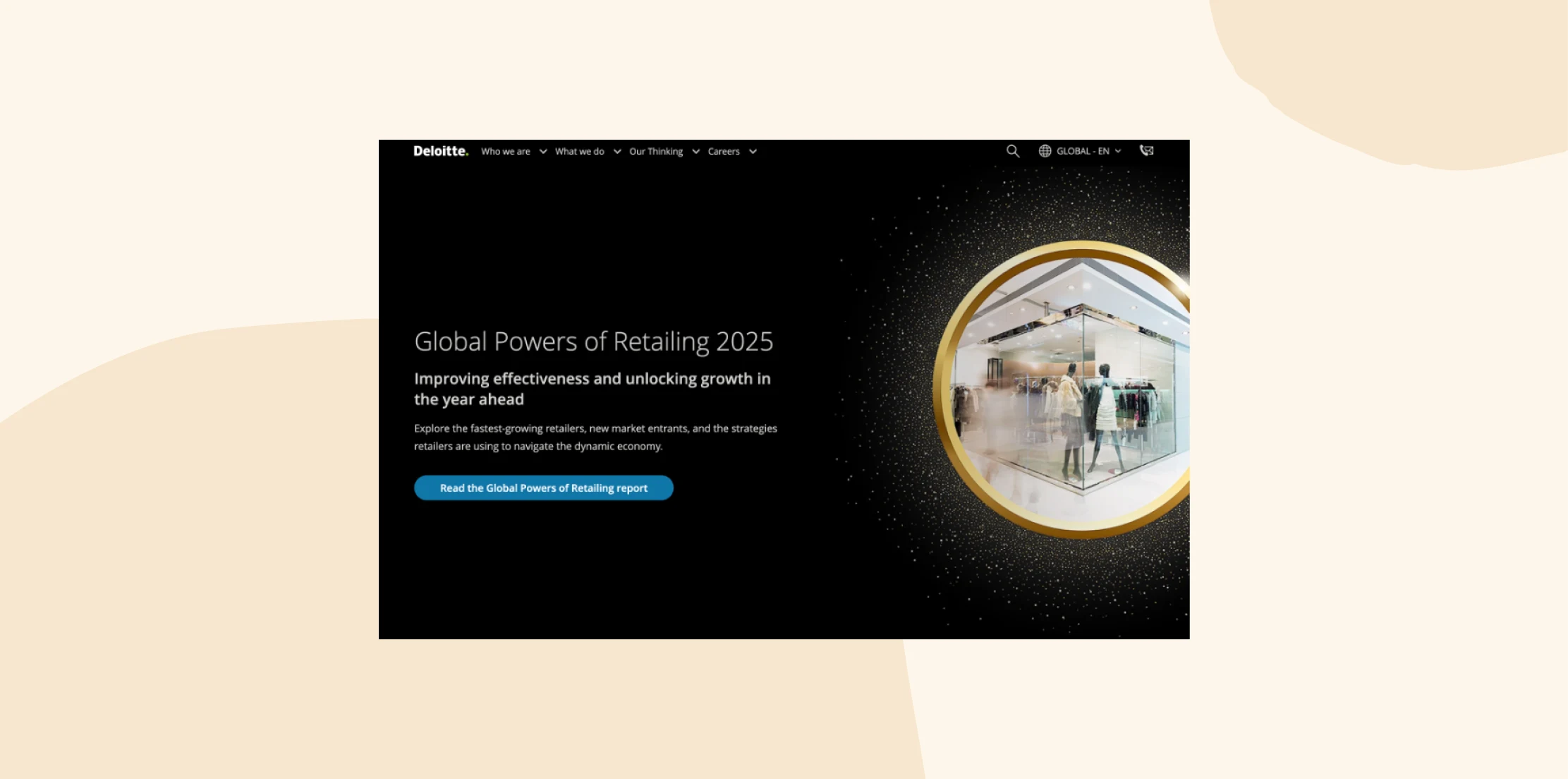Global Powers of Retailing 2025 report preview showcasing a modern store with glass displays and mannequins., Deloitte, retailing2025