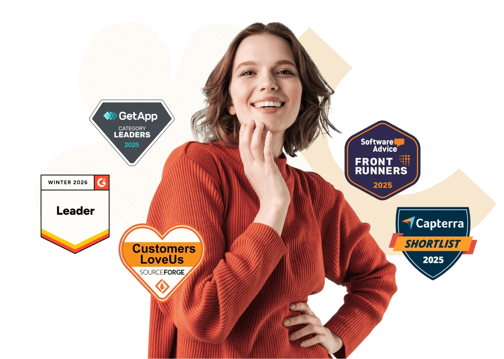 happy woman showcasing software awards and badges including GetApp, Software Advice, and Capterra for 2025, product recognition, award-winning software