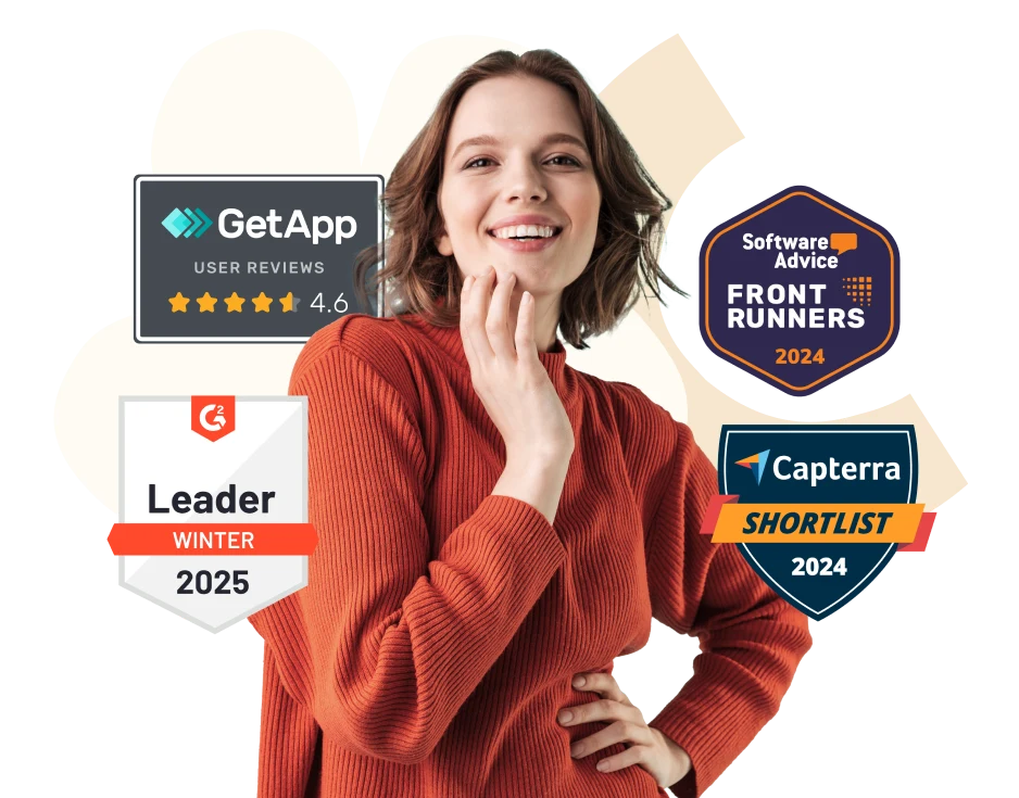 woman smiling in a red sweater showcasing award badges from GetApp, G2, Software Advice, and Capterra, awards, user reviews