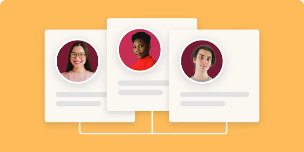 three diverse user profile cards on an orange background featuring smiling individuals in circular frames, user profiles, orange background
