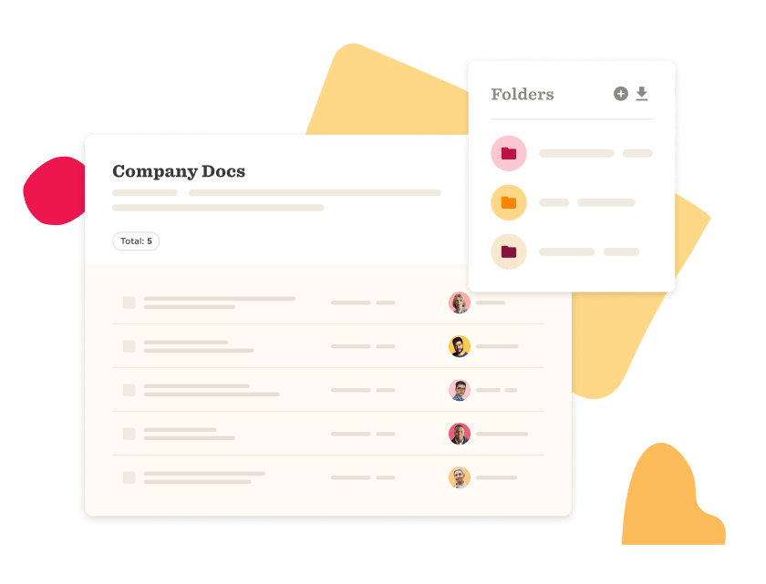 Company Docs interface displays document list with colorful folder icons for organization and easy access., Document management interface, Colorful folder icons for file organization