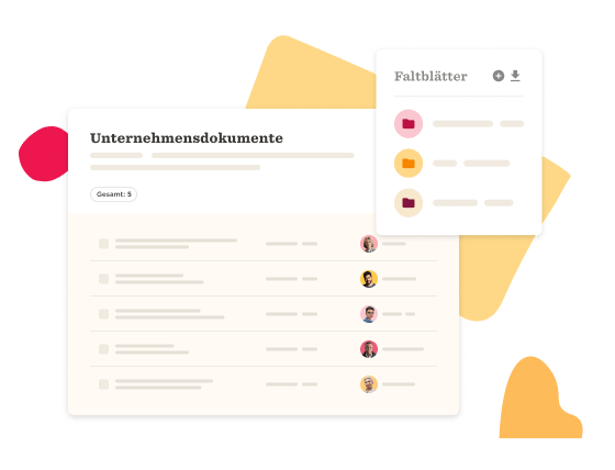 Unternehmensdokumente interface with user avatars and folders on a colorful background., Document management dashboard with user profiles.