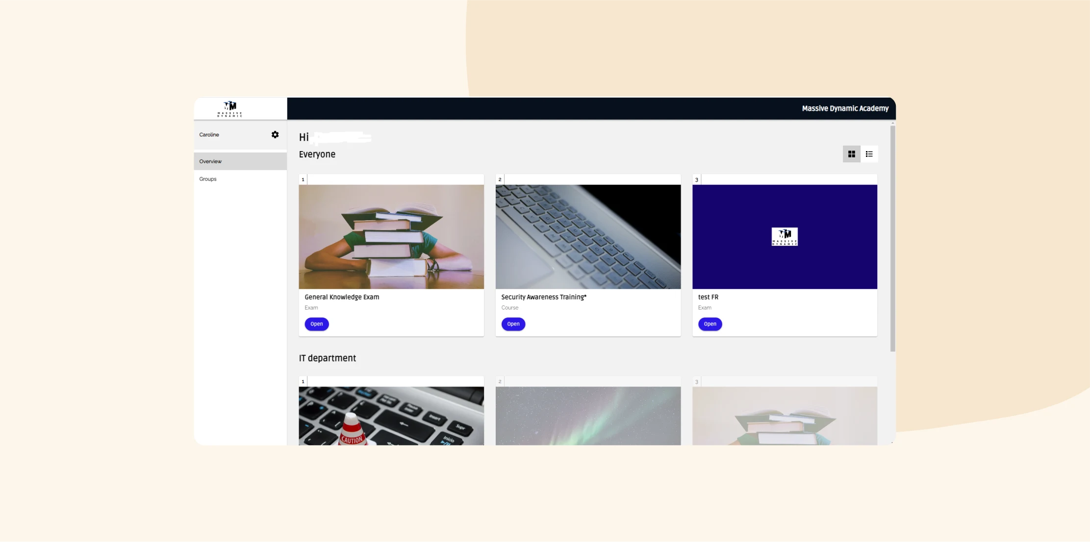 dashboard interface, online courses and exams overview