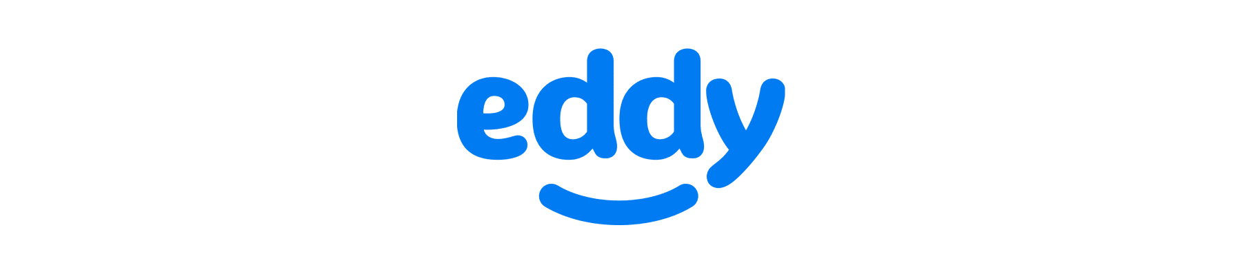 eddy logo with a playful smile design in bright blue against a black background, simple and modern brand identity representation