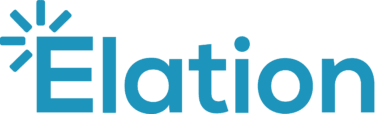 Elation logo featuring bold blue text and a sunburst icon, representing innovation and positivity in healthcare solutions., Elation, healthcare solutions
