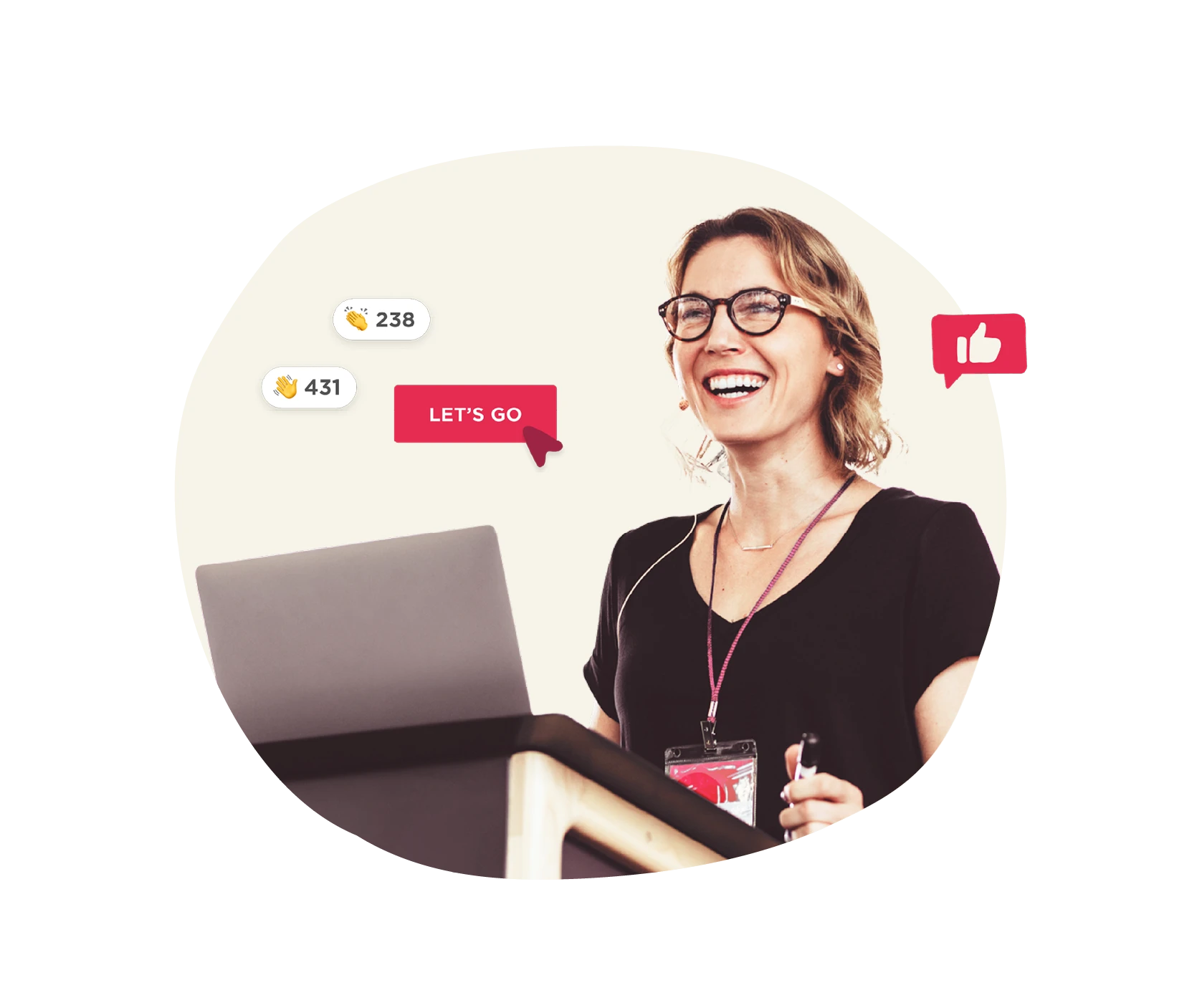 smiling speaker at a podium with social media reactions and a "LET'S GO" button, engaged audience interaction with digital feedback