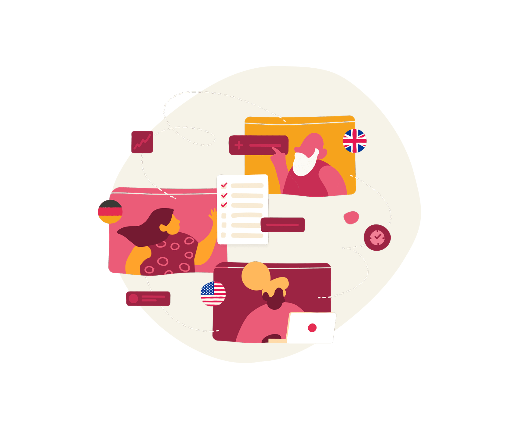digital teamwork collaboration, illustration of diverse characters with flags, checklist, and dialogue bubbles
