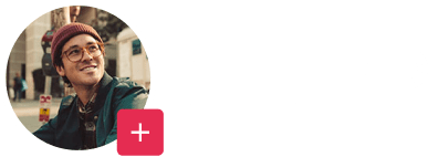 profile image of a smiling person in a beanie with background city elements, user interface for audio interaction with plus symbol