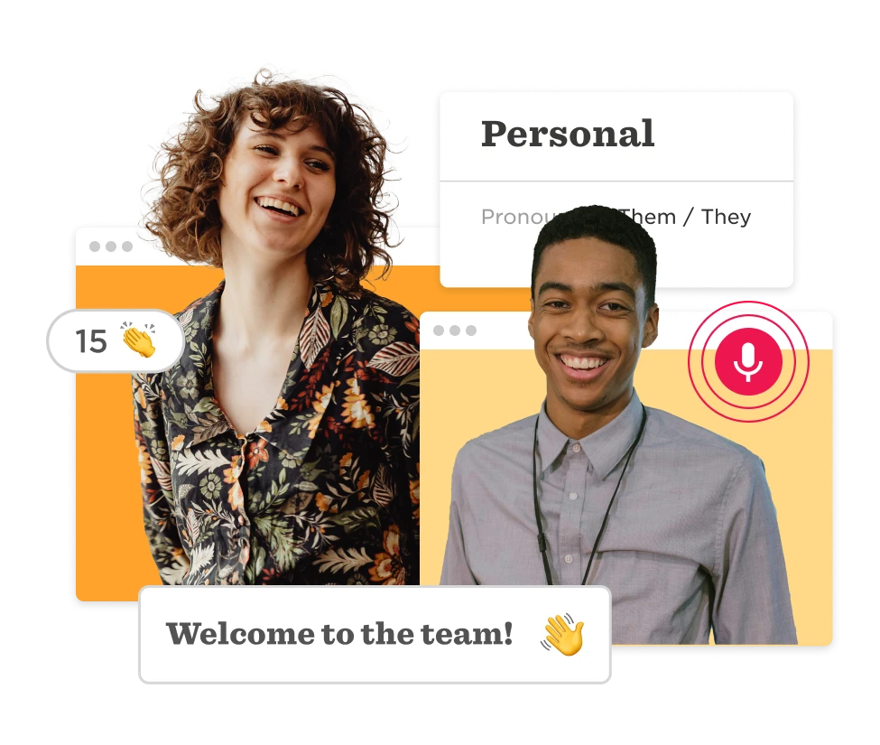 smiling young adults in colorful backgrounds with welcome message, personal pronouns, and voice icon, team introduction graphic with diversity focus