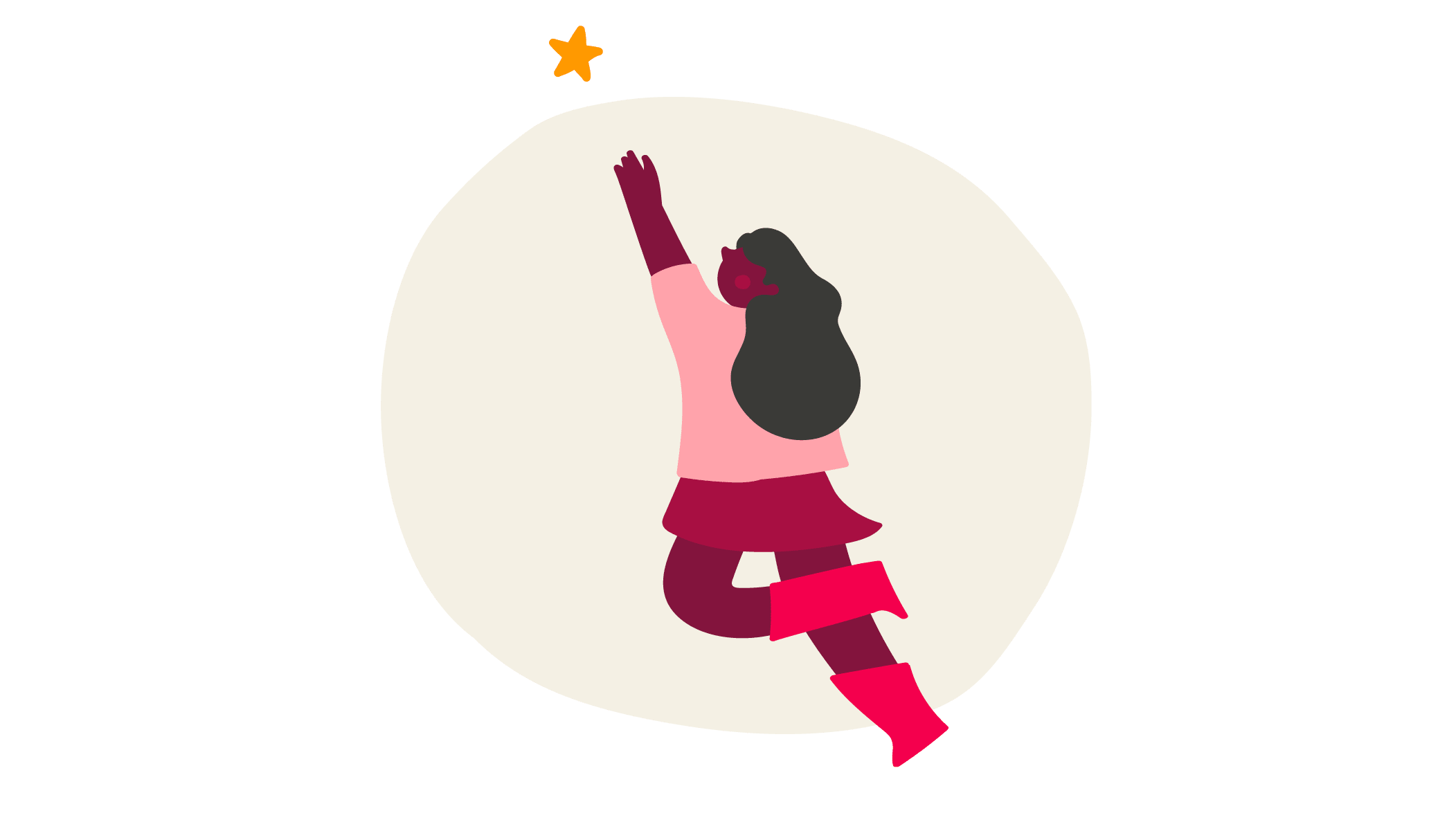 girl reaching for a star, wearing pink shirt and boots, on a light background, playful illustration of aspiration and dreams