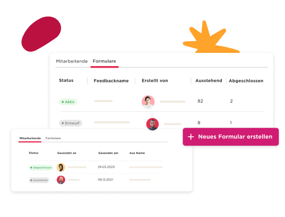 Mitarbeitende Formularübersicht mit Status, Feedbacknamen und erstellt von. Schaltfläche für neues Formular erstellen., Status und Feedbacks für Mitarbeitende.