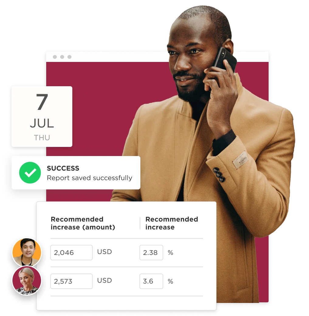 businessman talking on phone, success report and financial recommendations displayed on screen