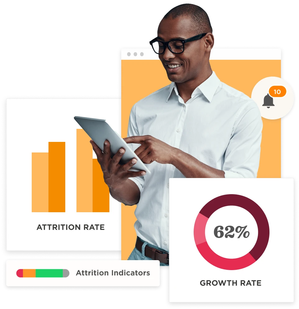 person analyzing data on tablet with charts on attrition and growth rates, visual representation of business metrics and analytics