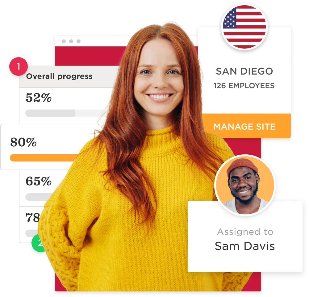 woman with red hair wearing a yellow sweater, progress indicators, San Diego site info, manage site button, employee profile Sam Davis