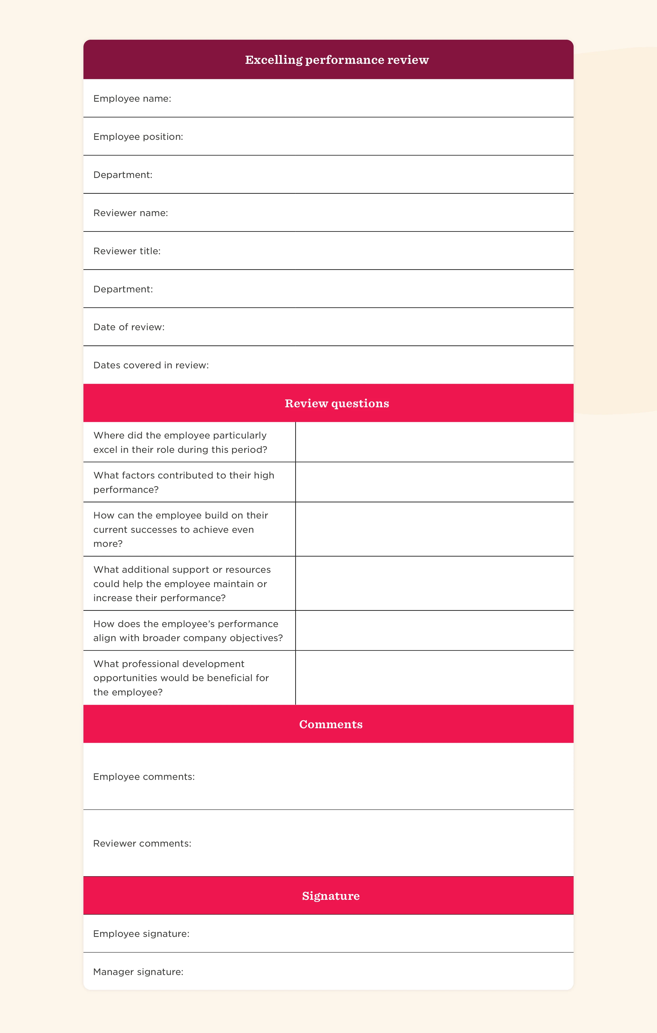 Employee performance review template with fields for names, departments, comments, and signatures highlighted. , performance review, employee evaluation