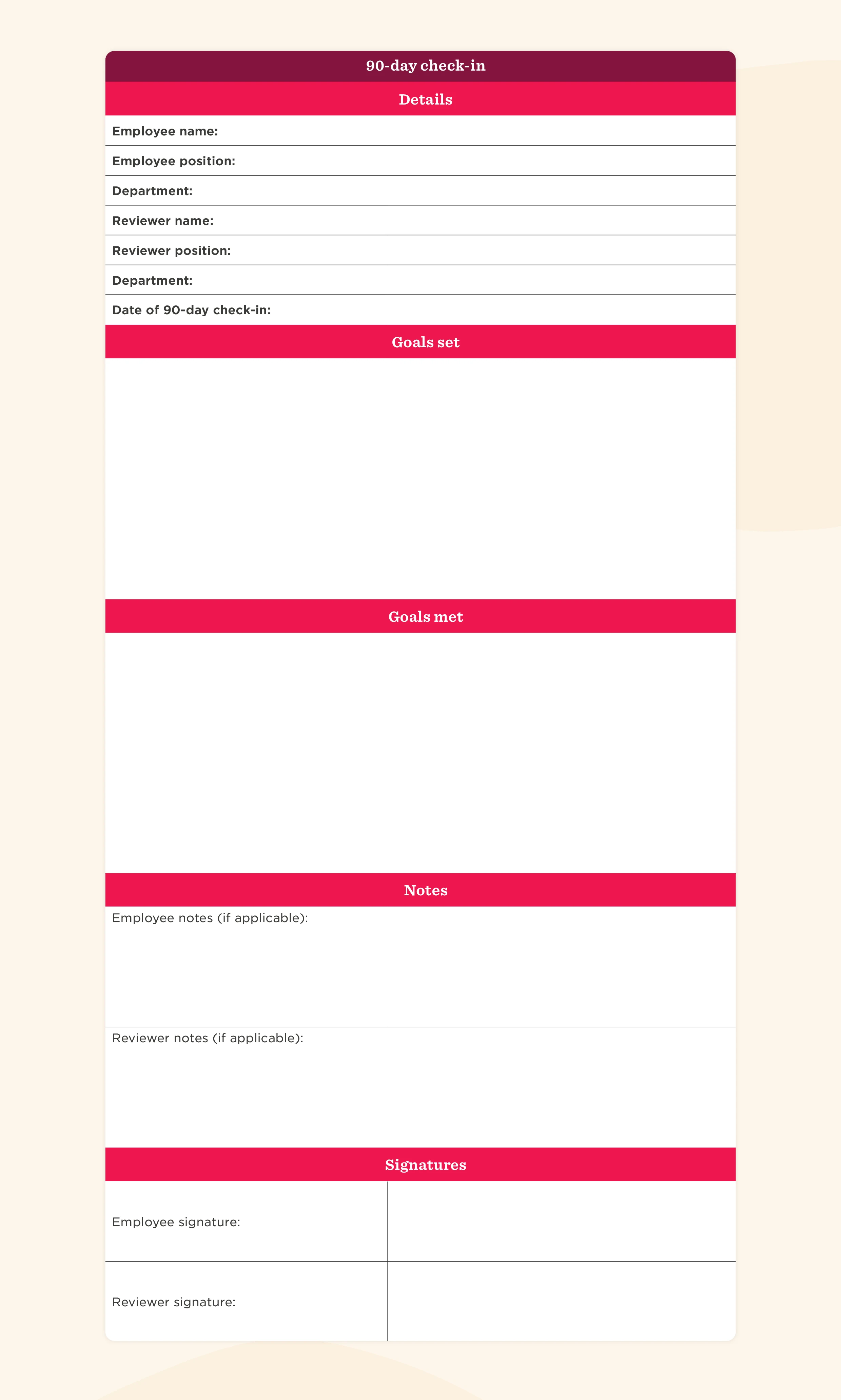90-day check-in form with sections for employee and reviewer details, goals set and met, notes, and signatures., employee review form, performance evaluation template