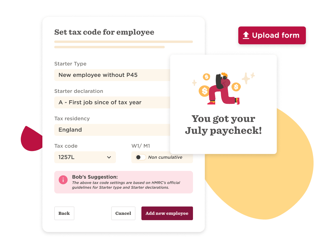 tax code settings for new employees, July paycheck notification with character and payment icons