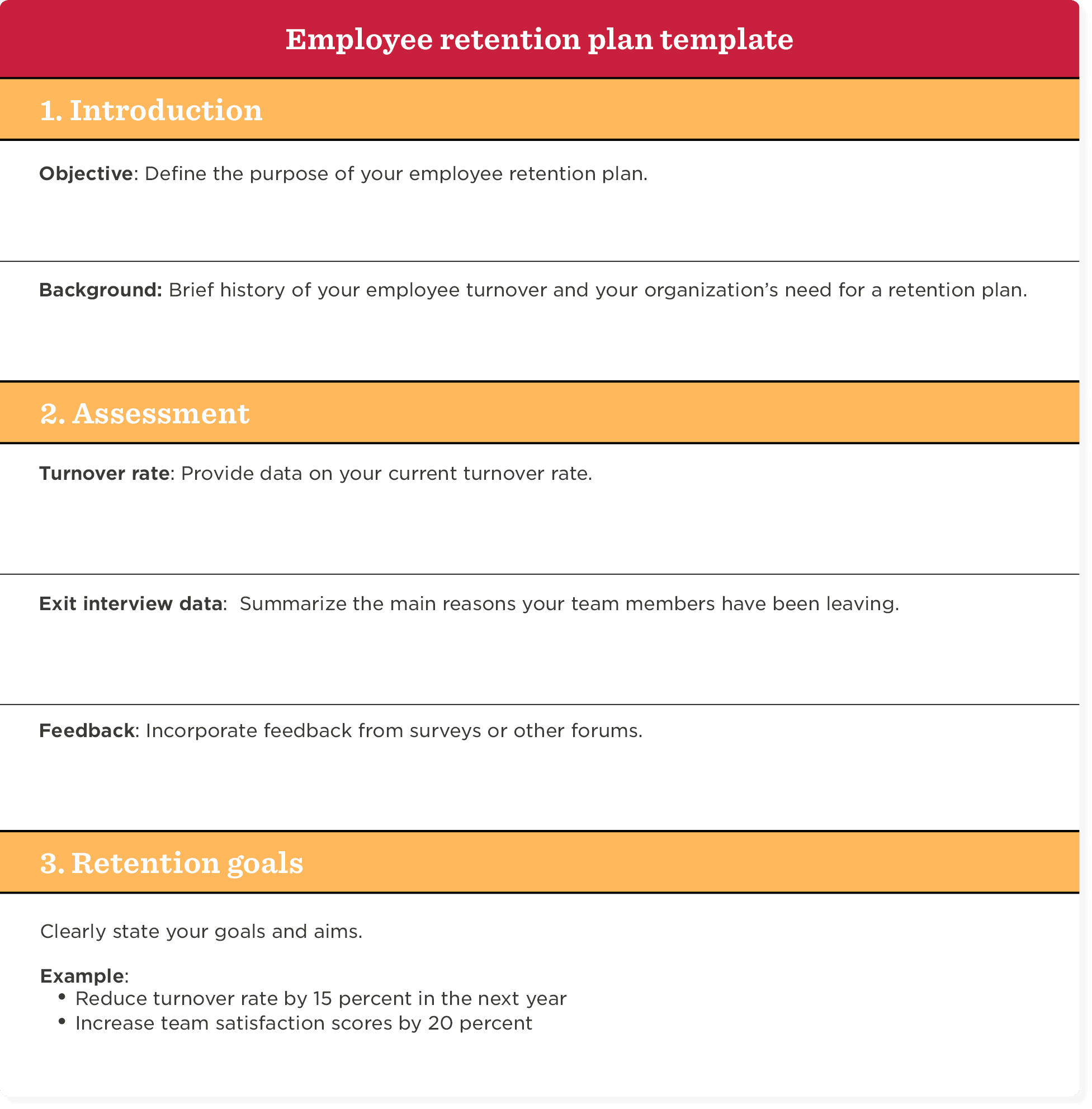 employee retention plan template with sections on assessment, turnover rate, exit interviews, and retention goals, employee retention strategy document layout with clear objectives and examples