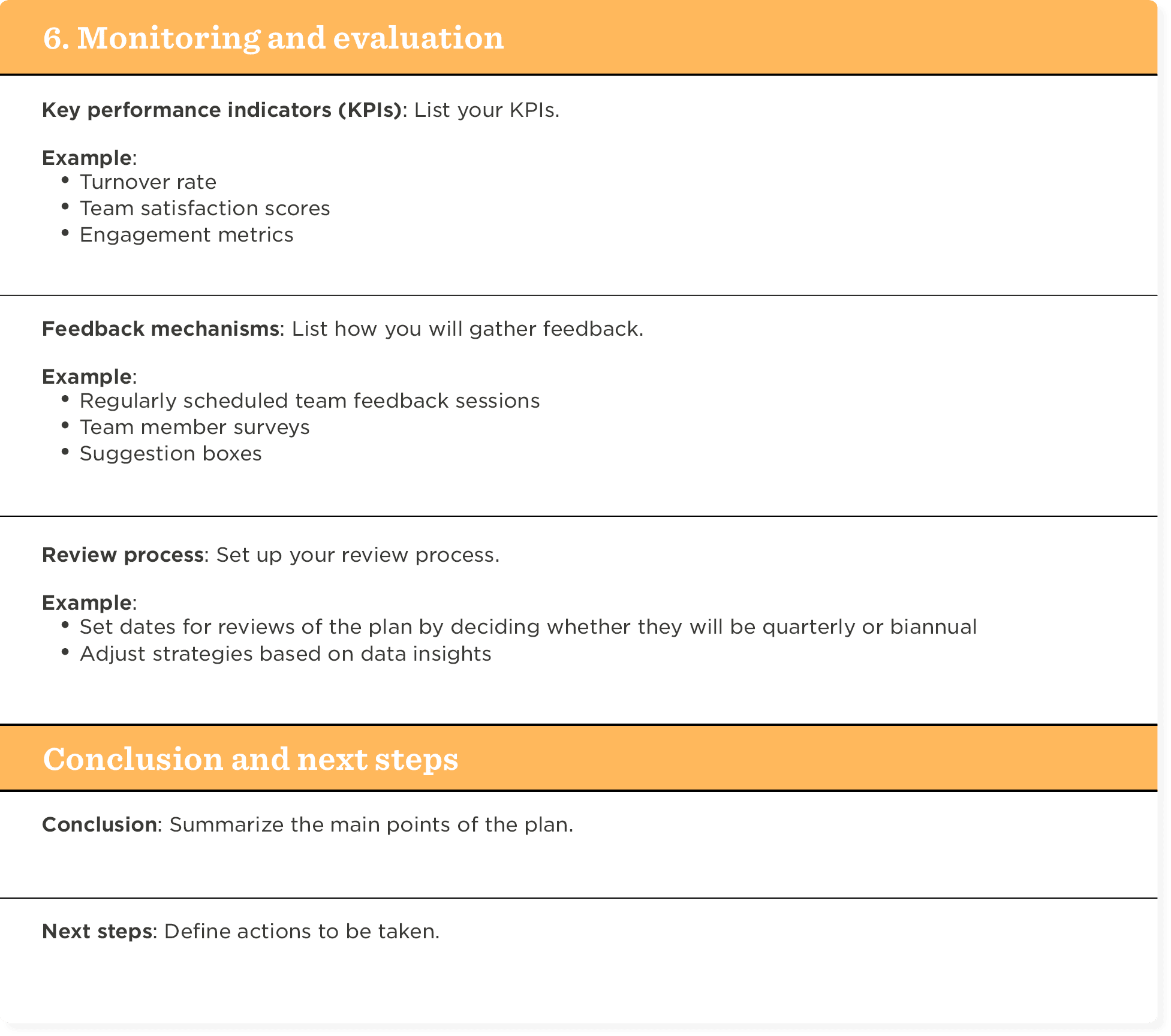 Monitoring and evaluation framework with KPIs, feedback methods, and action steps for effective team planning, Structured layout highlighting planning processes for teams and evaluation strategies.