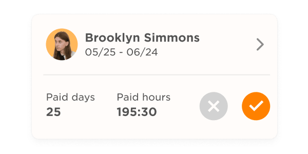 Brooklyn Simmons summary with paid days, hours, and date range from May 25 to June 24., Brooklyn Simmons, paid days and hours summary