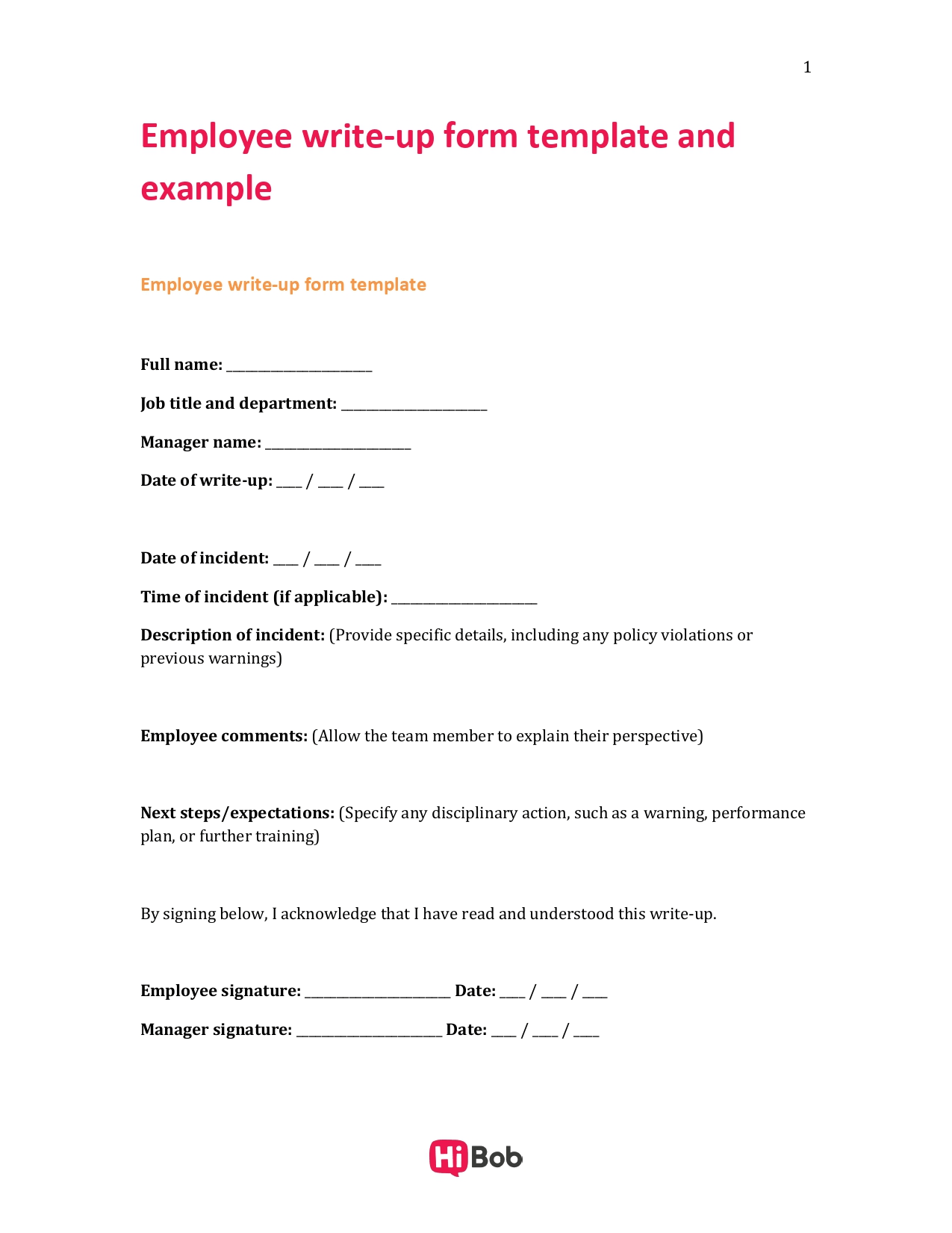 employee write-up form template, incident details employee acknowledgment