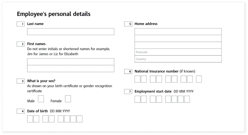 Employee personal details form with sections for names, sex, date of birth, address, and National Insurance number., Personal details form for employee information collection, including name, address, and date of birth fields.