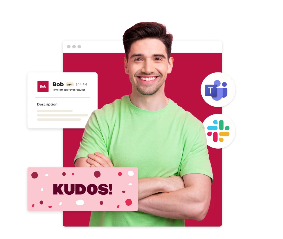 smiling man in green shirt with "KUDOS!" graphic and app notifications for teamwork tools like Microsoft Teams and Slack, professional recognition image with positive feedback and collaboration tools displayed