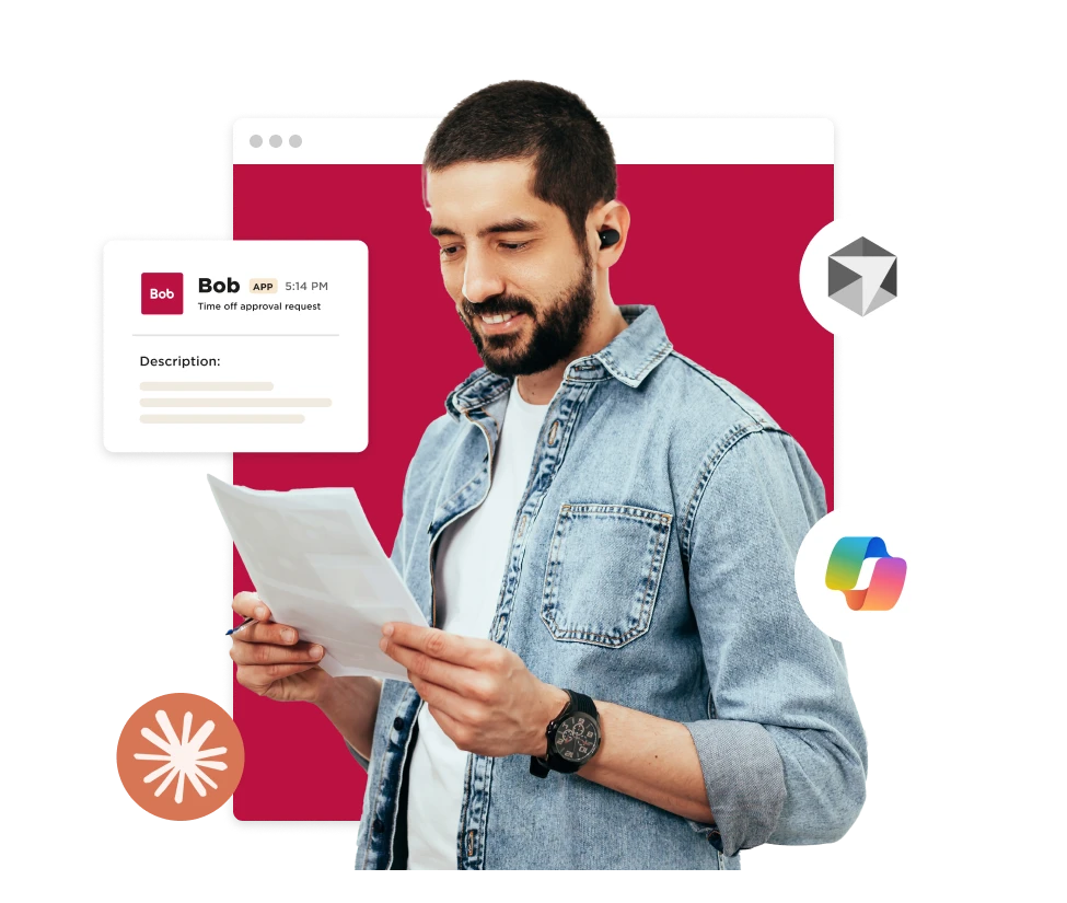man reviewing time off request with headphones, colorful app icons, and a red background, time off approval, modern communication tools