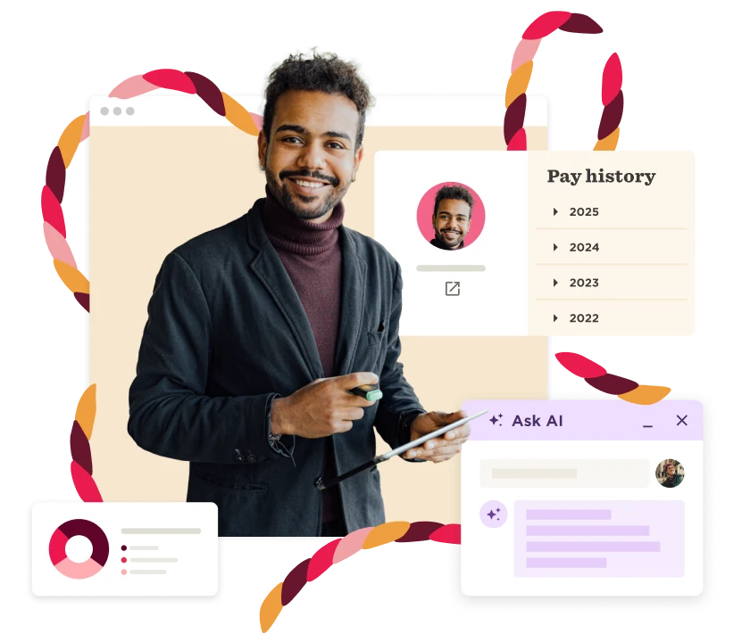smiling man with curly hair holding a pen, displaying digital interface elements like pay history and AI chat feature, professional portrait with visual elements of digital tools and information