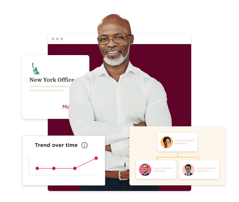 man in white shirt smiling with graphs and organizational chart, New York office background, diverse professional representation