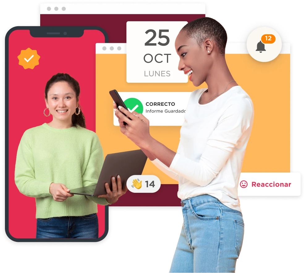 young woman holding a laptop, woman checking phone notifications with colorful backgrounds on a digital interface
