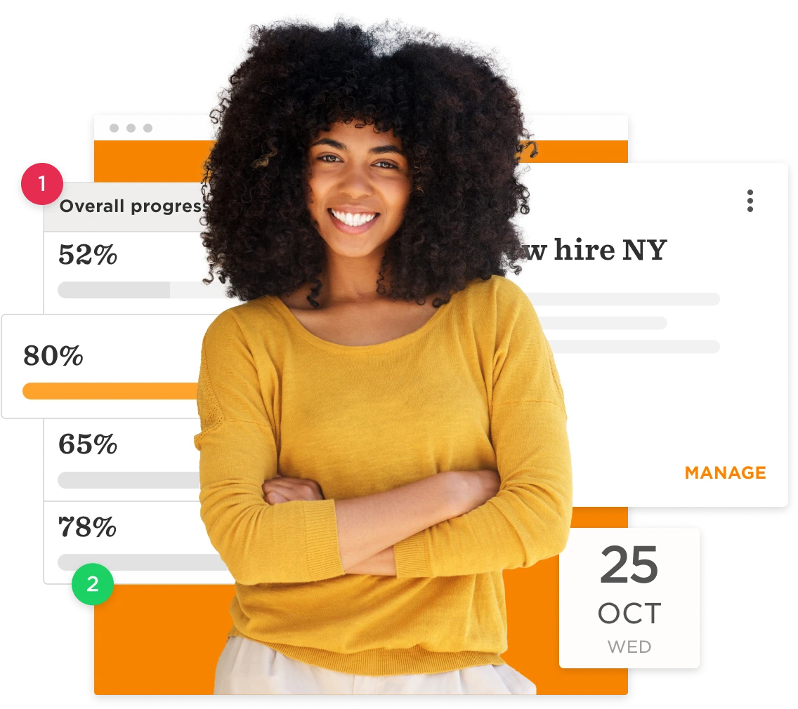 young woman smiling in a yellow shirt surrounded by progress bars and date information, professional progress tracking and management