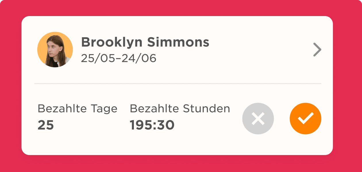 Brooklyn Simmons profile with paid days and hours detailed, including a date range and action buttons. , profile, data