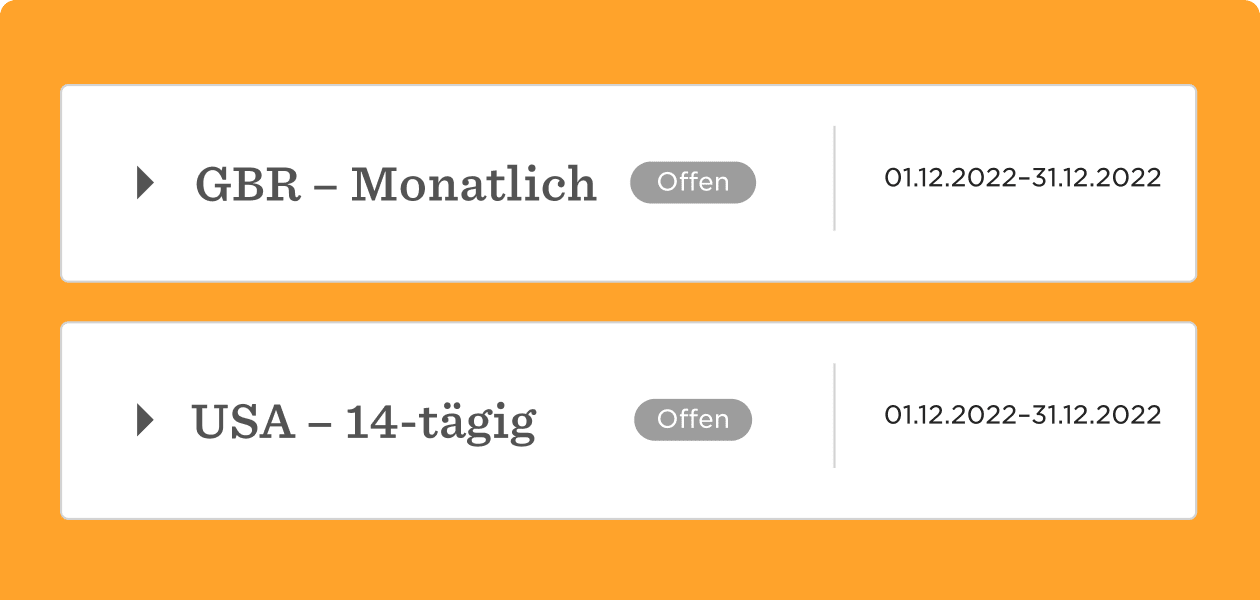 GBR - Monatlich und USA - 14-tägig Zeiträume, 01.12.2022 bis 31.12.2022, beide Optionen offen., Monatliche und 14-tägige Angebote, orange Hintergrund.