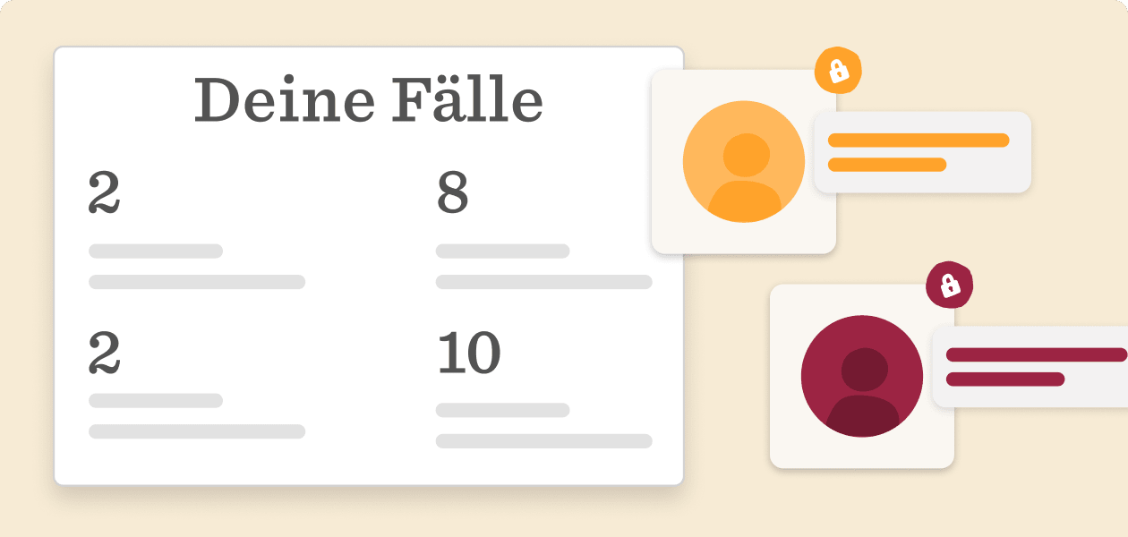 Deine Fälle dashboard with numbers and user icons, indicating status and engagement levels, User profile highlights with case statistics
