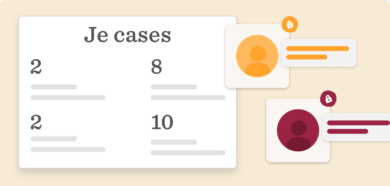 Je cases statistics with icons of user profiles and secure messaging, featuring numbers like 2, 8, 10 on a soft background. je-cases, user-statistics