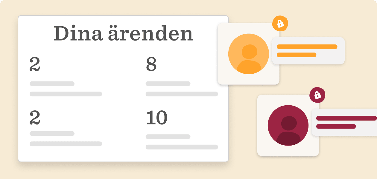 Dina ärenden overview with numeric values and user icons representing updates and statuses., User engagement dashboard with stats and notifications.