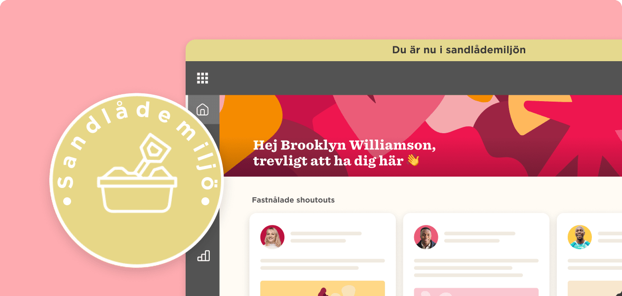 sandlådemiljö interface with colorful background and user greeting, playful logo featuring a sandbox with shovel