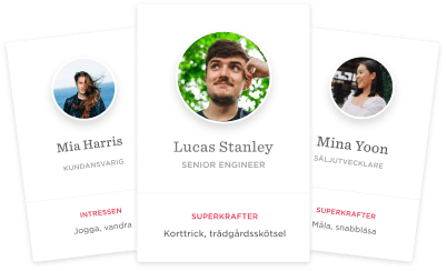 Mia Harris, Lucas Stanley, and Mina Yoon profiles with interests and skills highlighted on cards., team_profiles, skills_and_interests