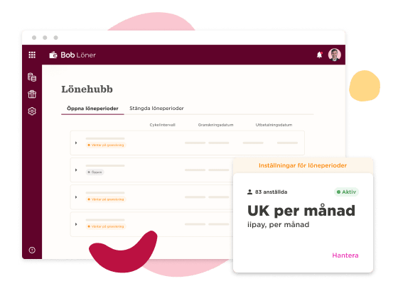 Lönehub interface displaying salary periods and settings, featuring user options and monthly payment details. , Lönehub, salary management