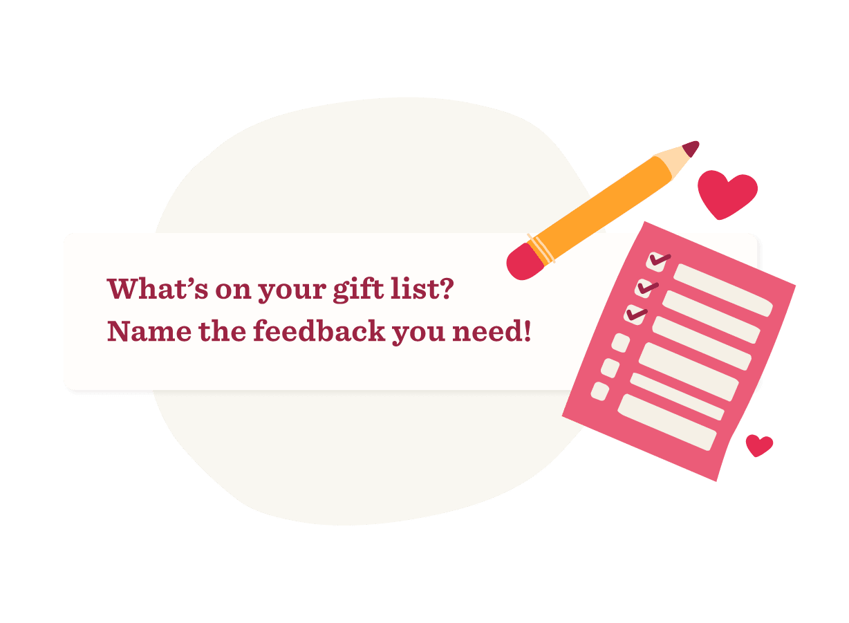 gift list feedback request with pink checklist and pencil illustrating gift planning, creative gift planning image design